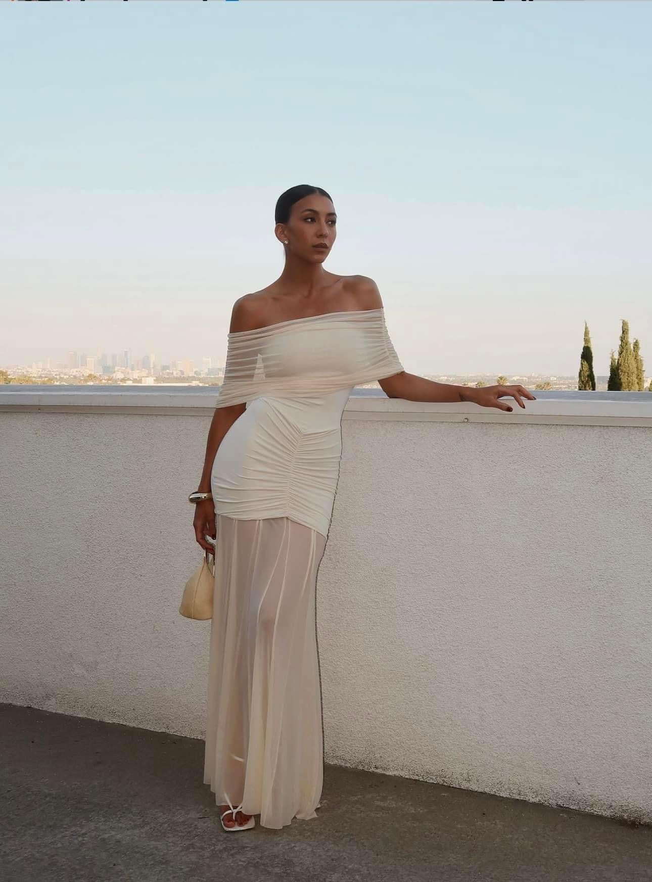 Meshki Caspian Slinky And Mesh Off Shoulder Maxi Dress - Ivory Hire Melbourne Meshki Caspian Slinky And Mesh Off Shoulder Maxi Dress - Ivory Hire Melbourne