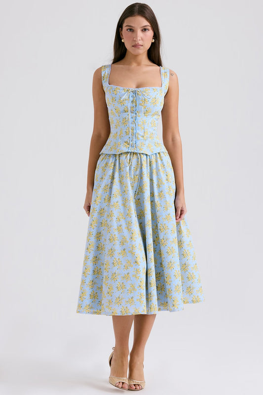 House of CB Juan Crop and Cora Midi skirt in Soft Blue Vintage Floral Print