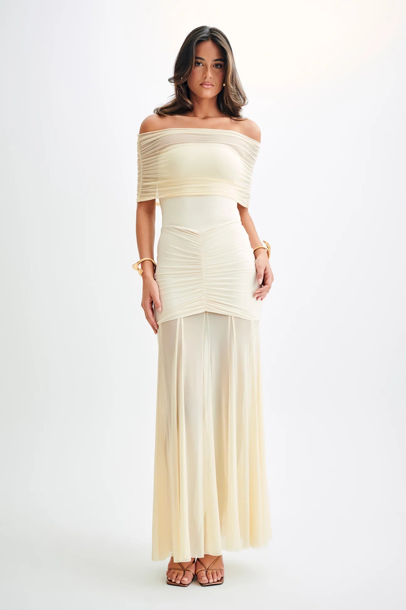 Meshki Caspian Slinky And Mesh Off Shoulder Maxi Dress - Ivory