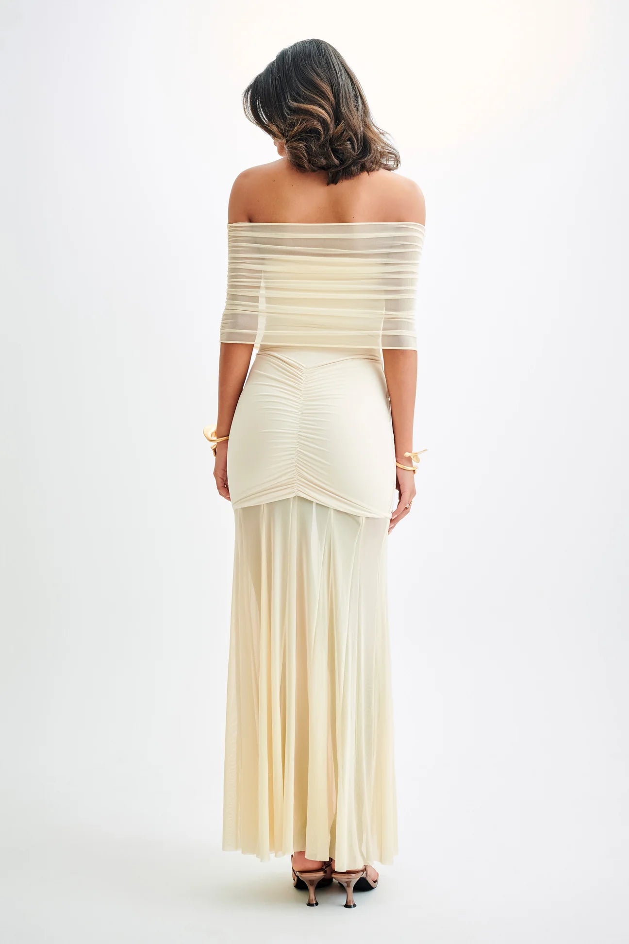 Meshki Caspian Slinky And Mesh Off Shoulder Maxi Dress - Ivory