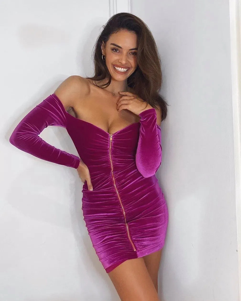 Nookie Long Sleeve Velvet Mini Dress in Pink
