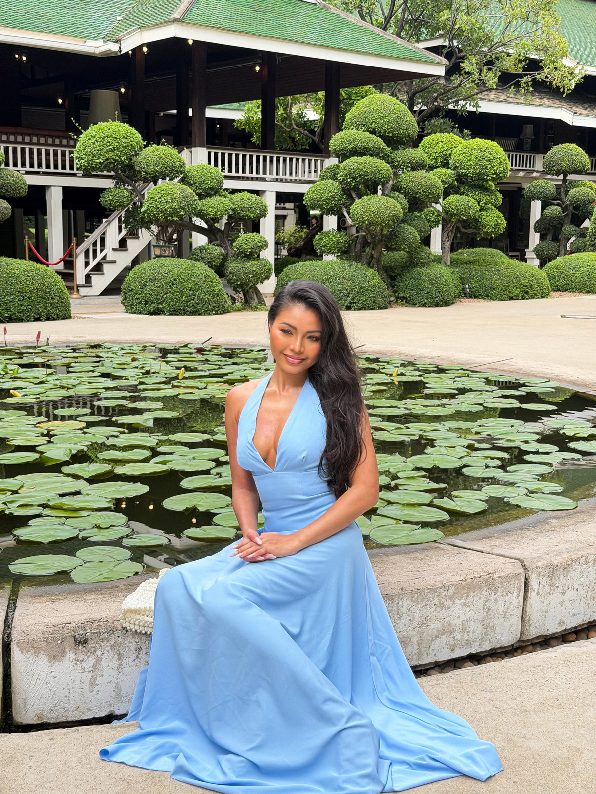Poppy Maxi Dress Contrast Skirt Deep Plunge Halter Dress In Blue