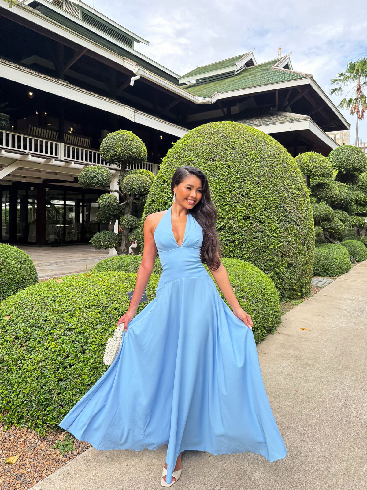 Poppy Maxi Dress Contrast Skirt Deep Plunge Halter Dress In Blue