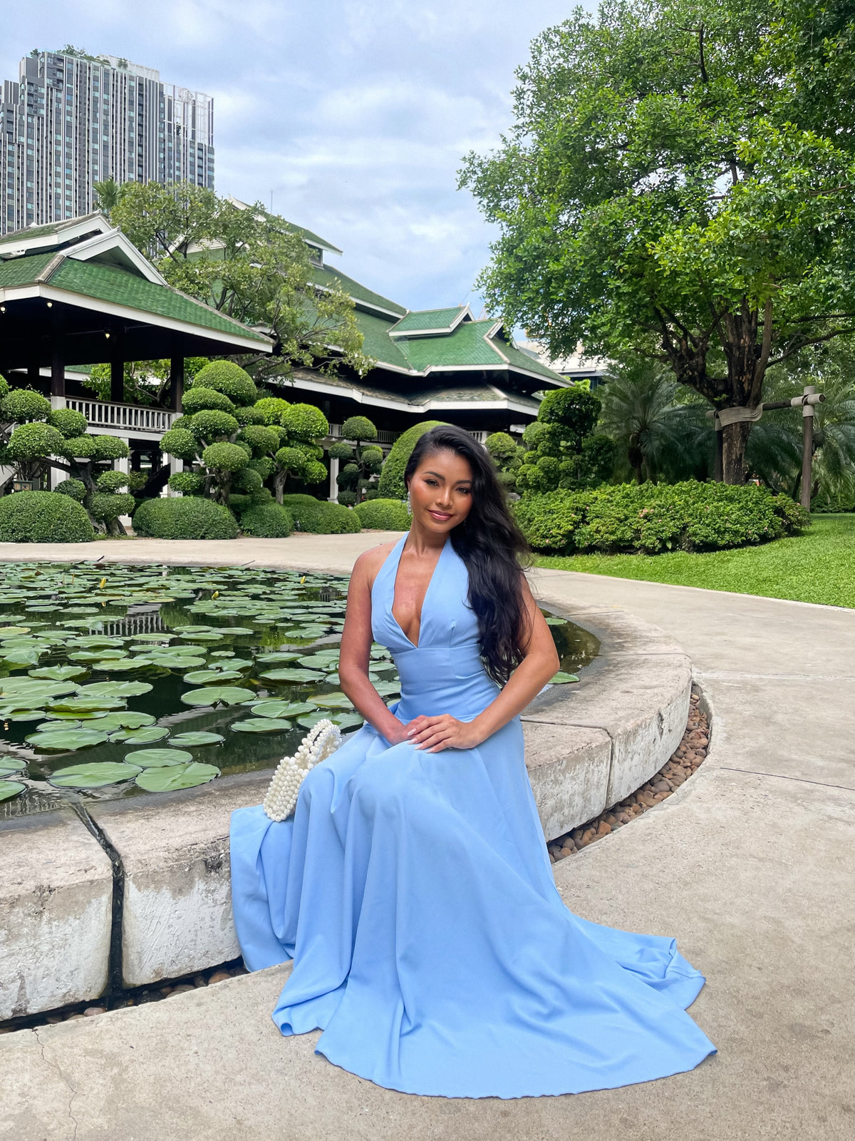 Poppy Maxi Dress Contrast Skirt Deep Plunge Halter Dress In Blue