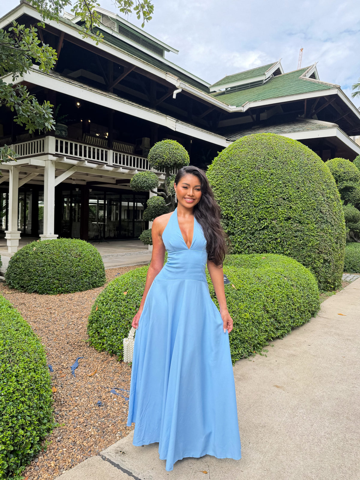 Poppy Maxi Dress Contrast Skirt Deep Plunge Halter Dress In Blue