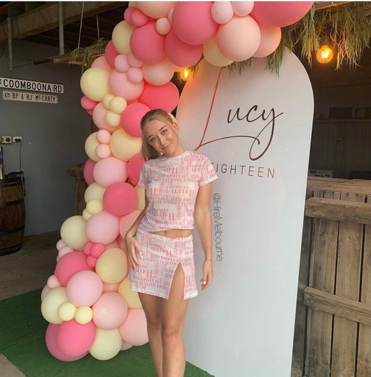 With Harper Lu Monogram Mesh Skirt and Tee in Baby Pink